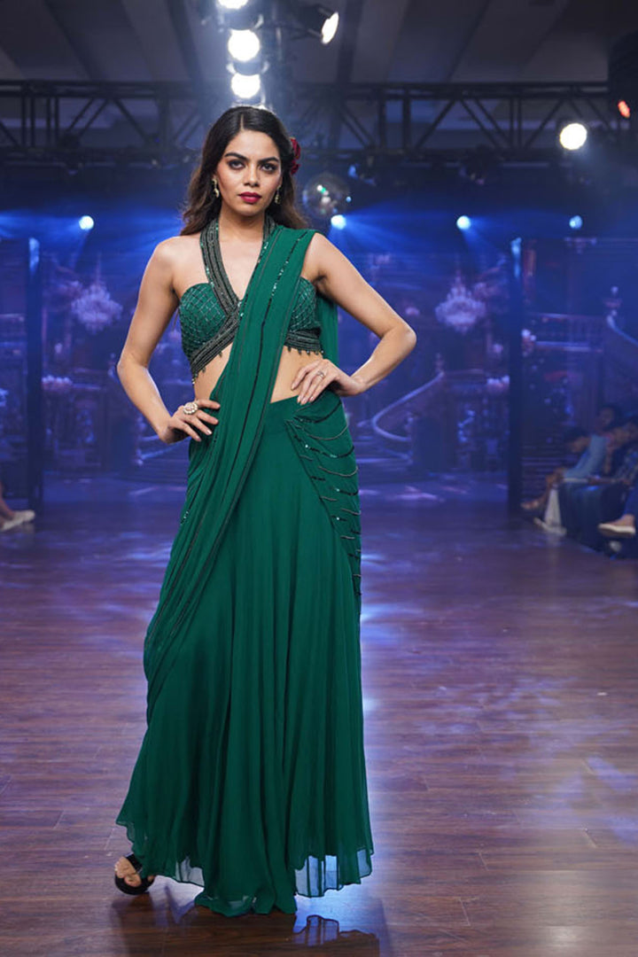 Emerald Green Pre-draped Saree with Halter Blouse
