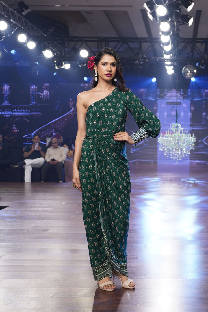 Green Booti Draped One-Shoulder Dress