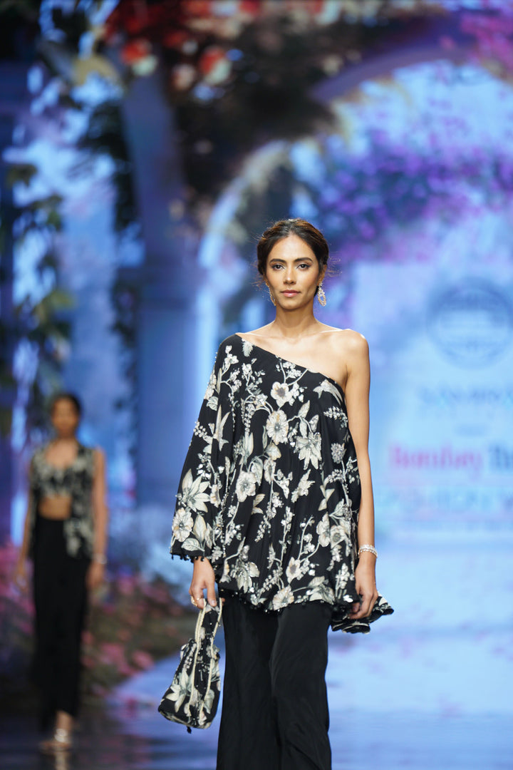 Black Eden  One Shoulder Cape Top With Pants