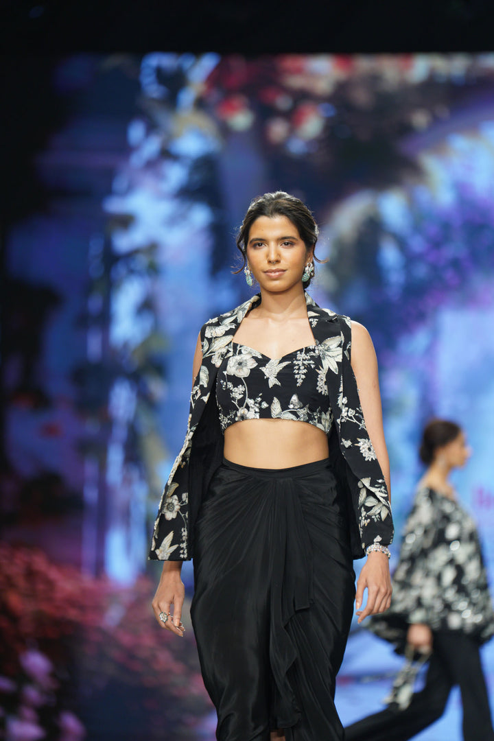 Black Eden Jacket Set with Draped Skirt and Bustier