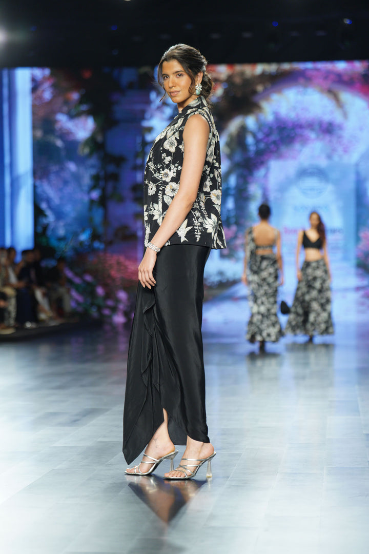 Black Eden Jacket Set with Draped Skirt and Bustier