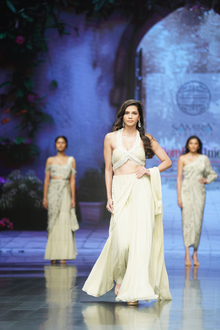 Ivory Pre-draped Saree with Halter Blouse