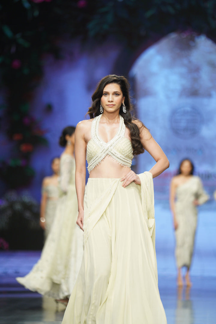Ivory Pre-draped Saree with Halter Blouse