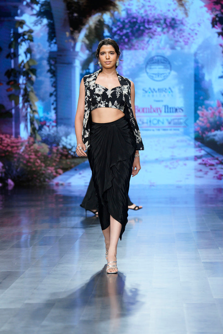 Black Eden Jacket Set with Draped Skirt and Bustier