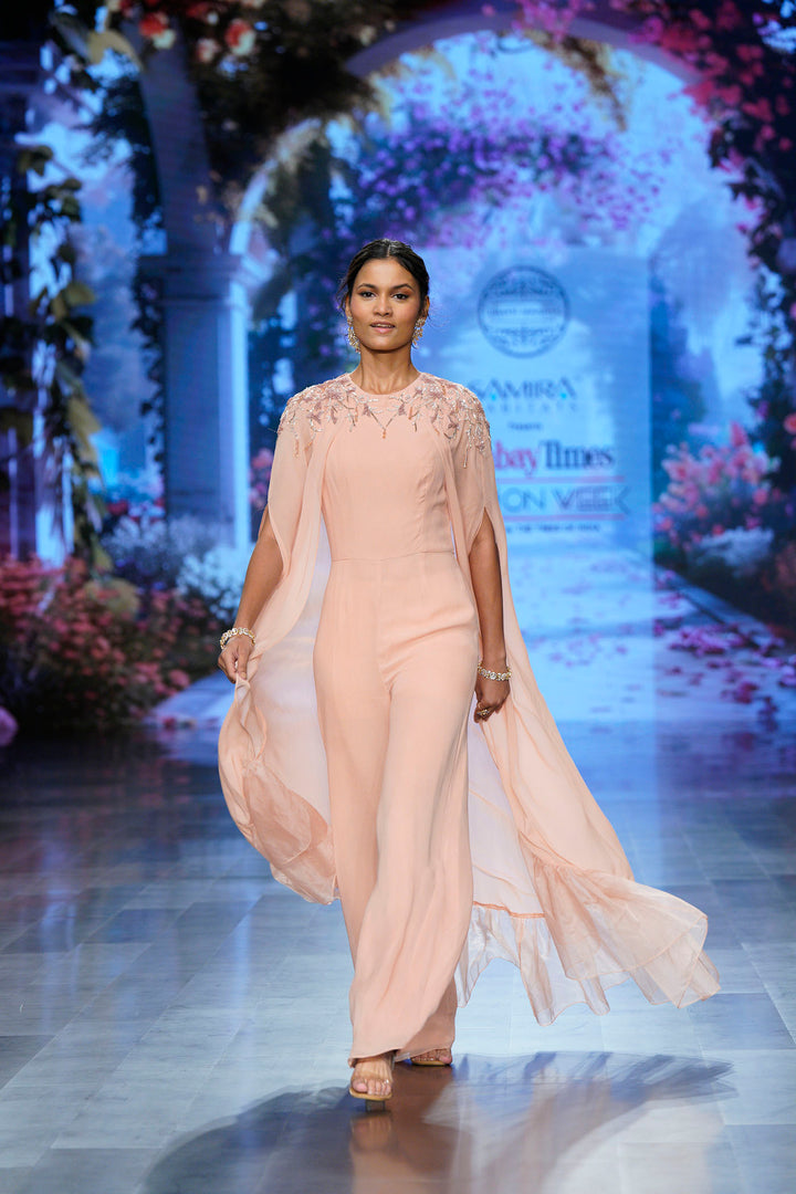 Pink Embroidered Jumpsuit with Cape