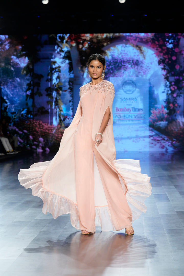 Pink Embroidered Jumpsuit with Cape