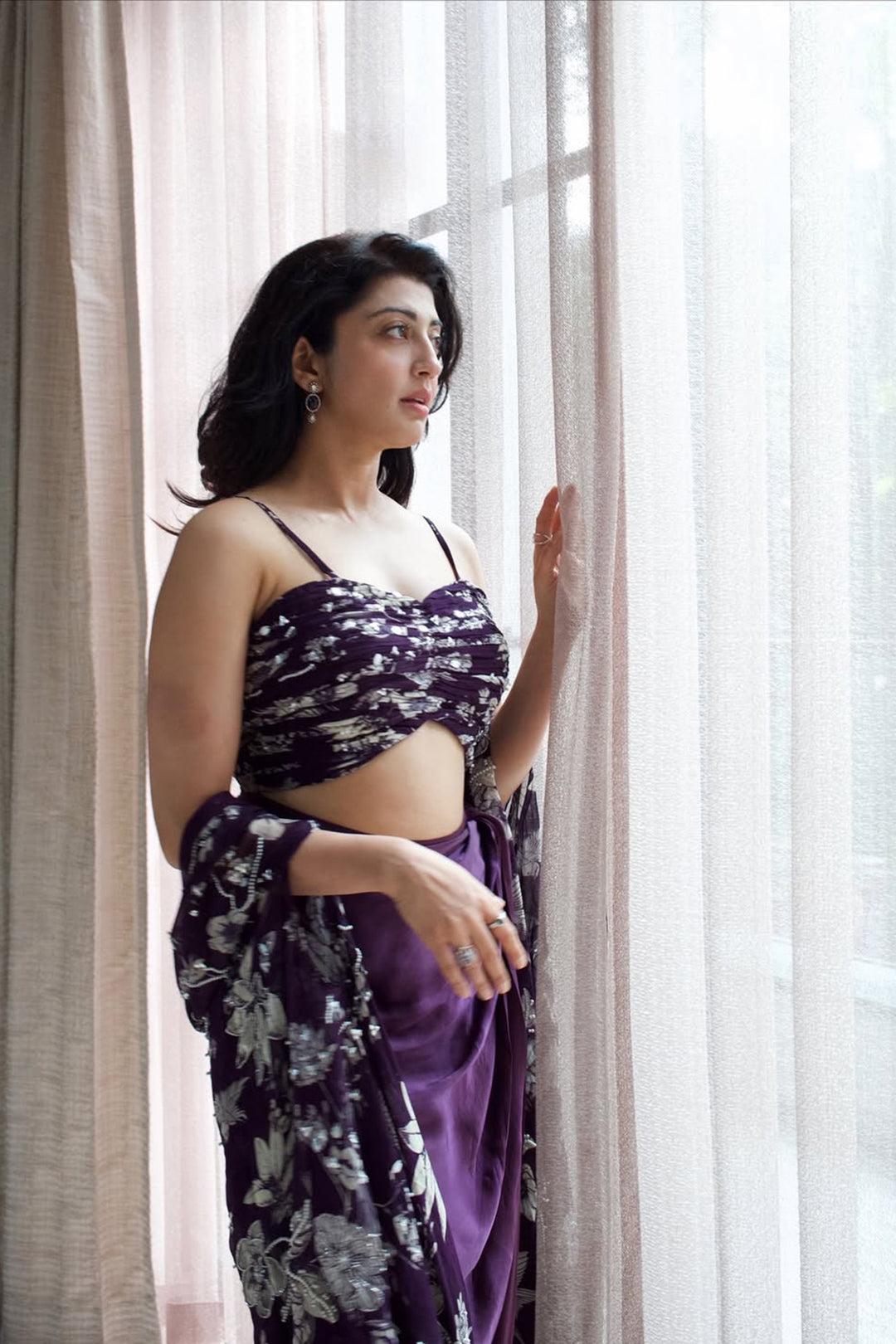 Pranitha Subhash in our Purple Eden Cape with Draped Skirt and Bustier