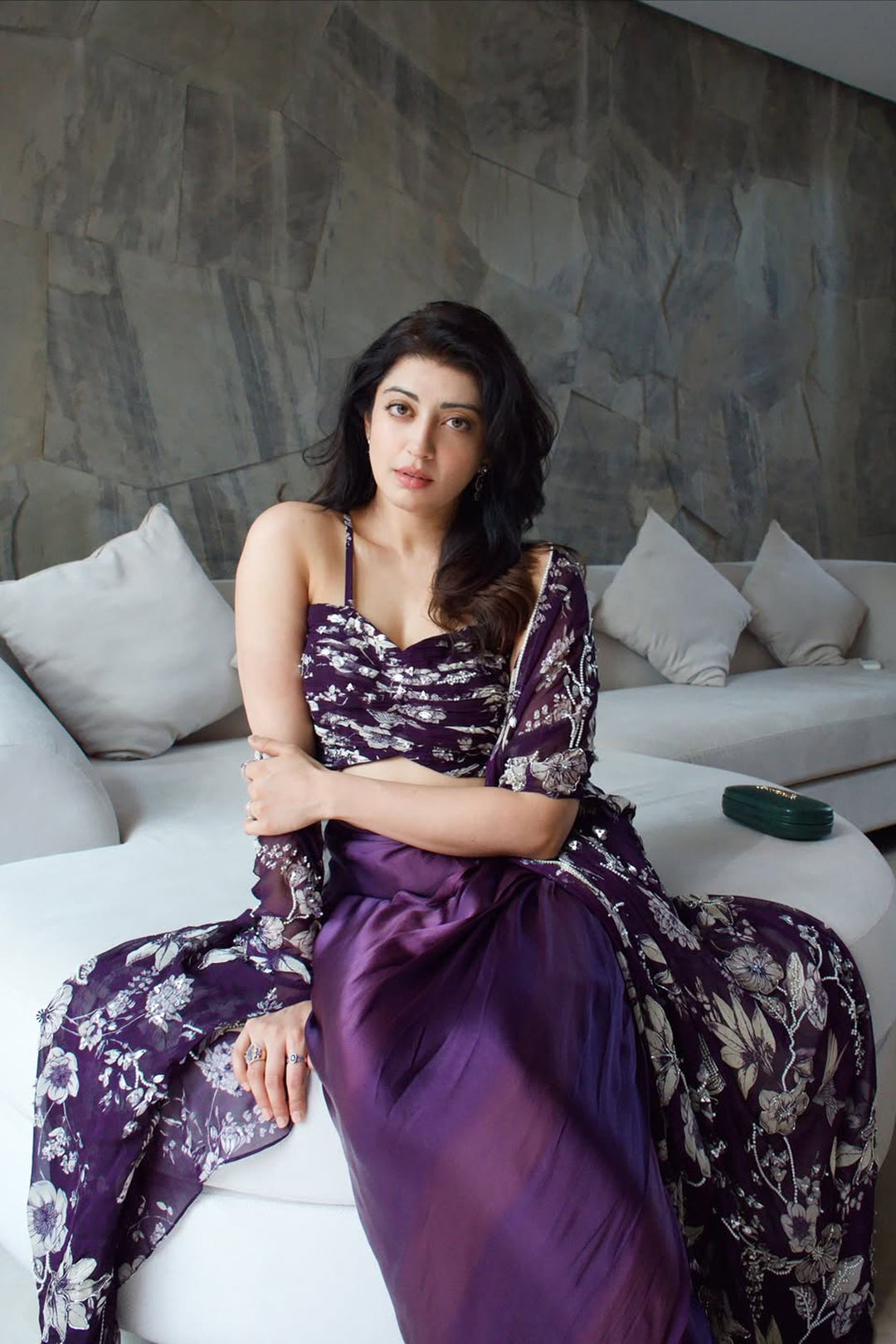 Pranitha Subhash in our Purple Eden Cape with Draped Skirt and Bustier