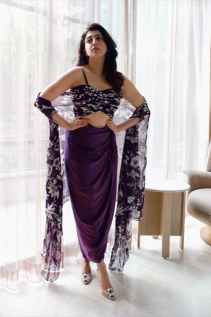 Pranitha Subhash in our Purple Eden Cape with Draped Skirt and Bustier