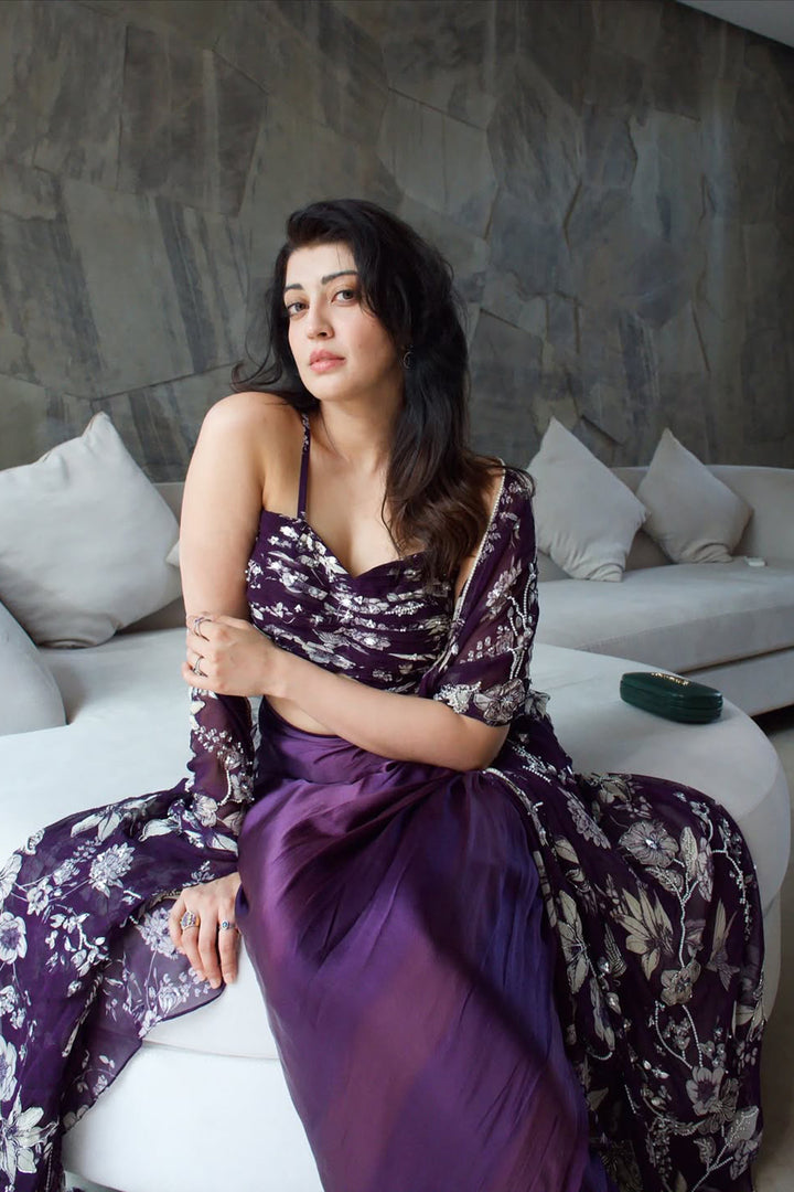 Pranitha Subhash in our Purple Eden Cape with Draped Skirt and Bustier