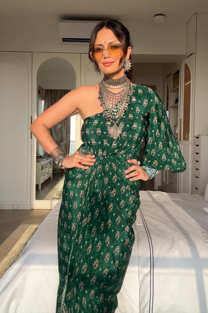 Roshni Chopra in our Green Booti Draped One-Shoulder Dress