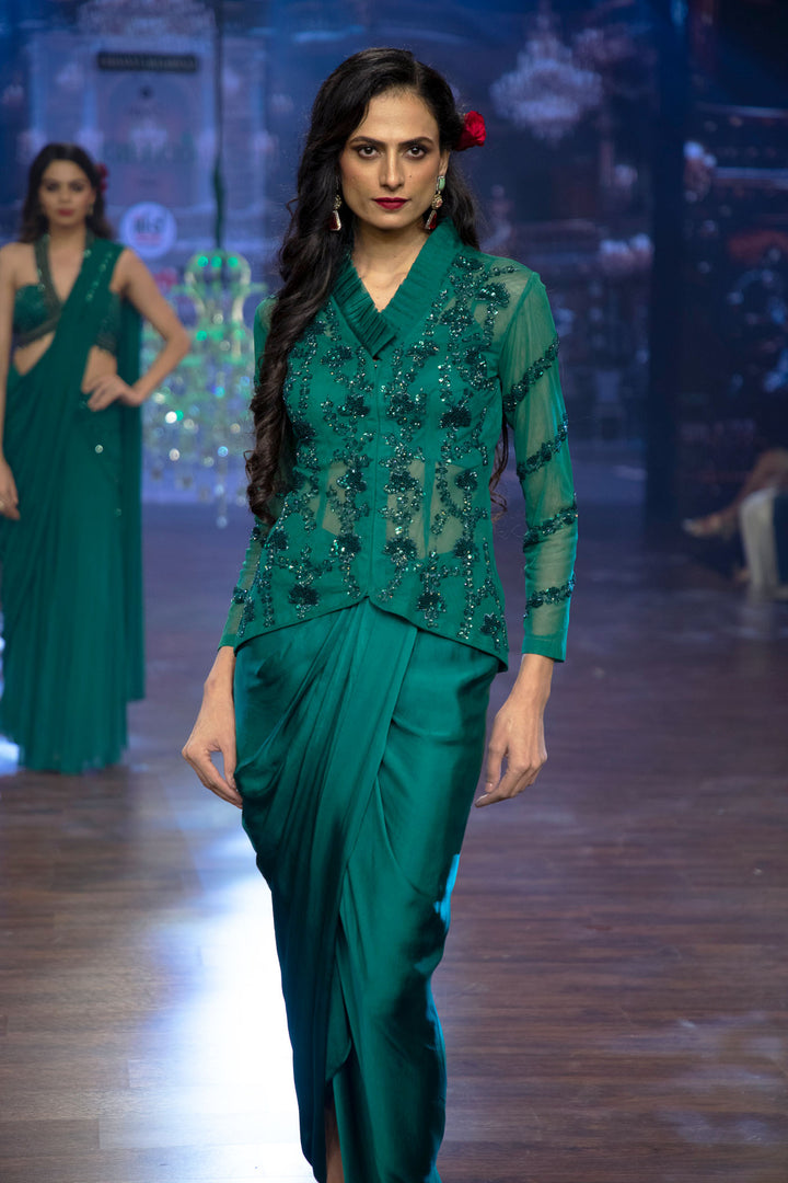 Emerald Green Jacket with Draped Skirt and Inner