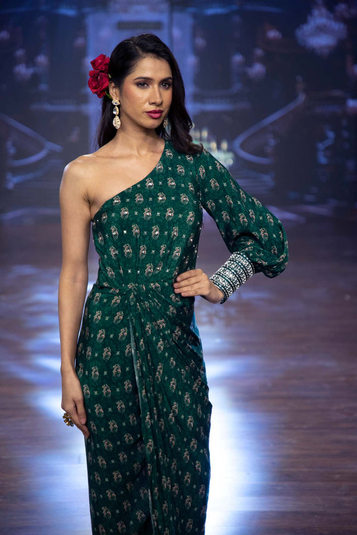 Green Booti Draped One-Shoulder Dress