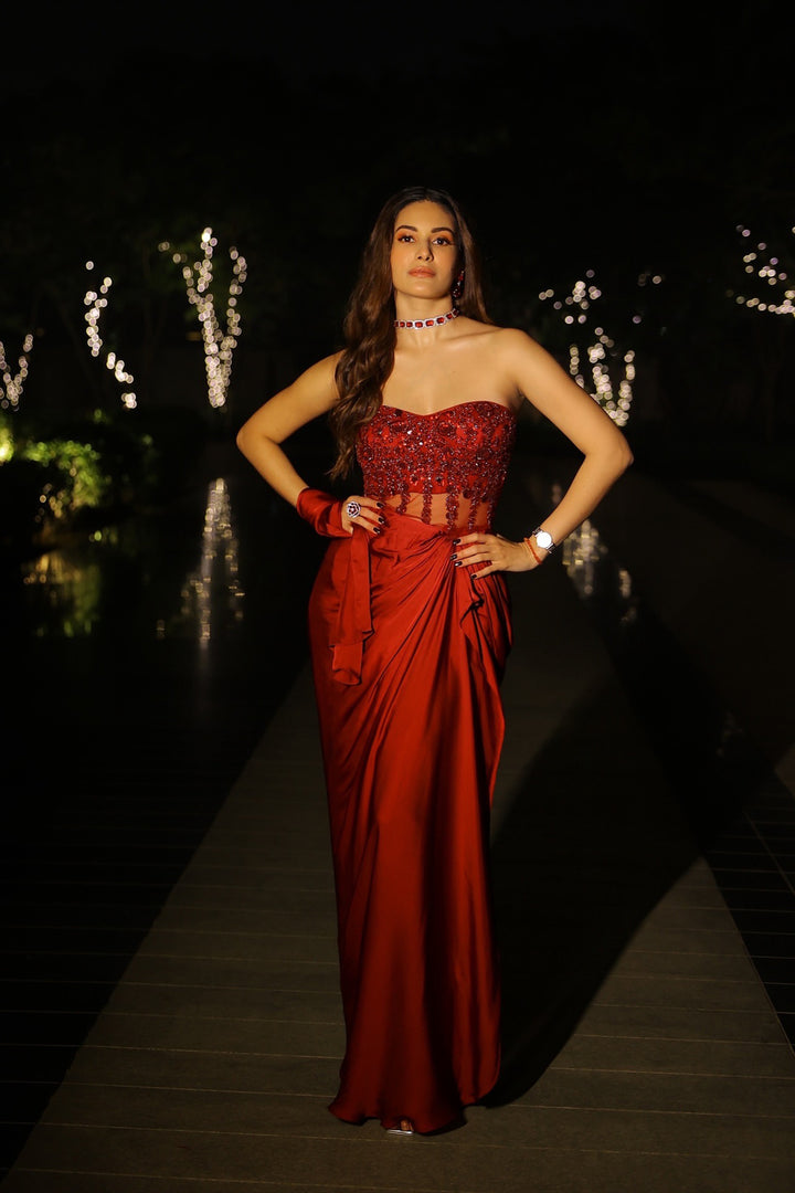 Amyra Dastur in our Maroon Draped Gown