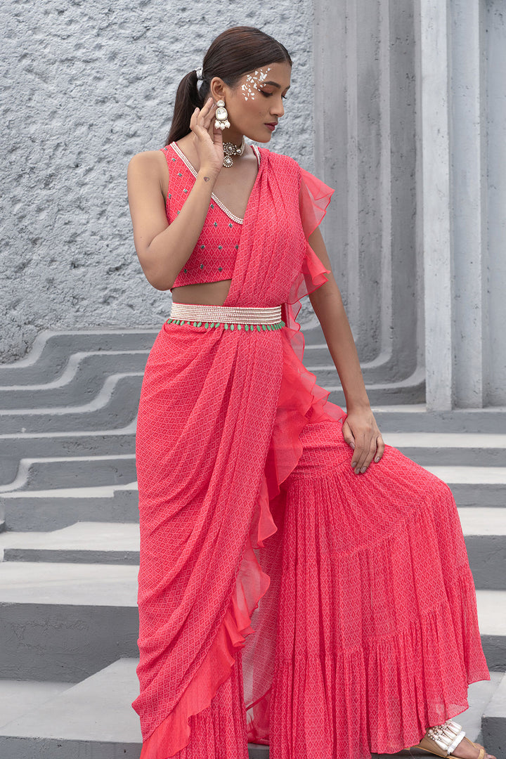 Raspberry Printed Sharara Saree With Blouse