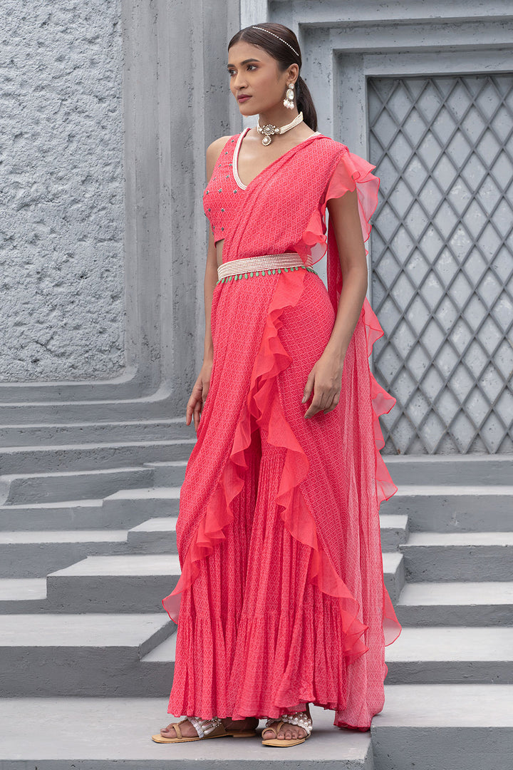 Raspberry Printed Sharara Saree With Blouse