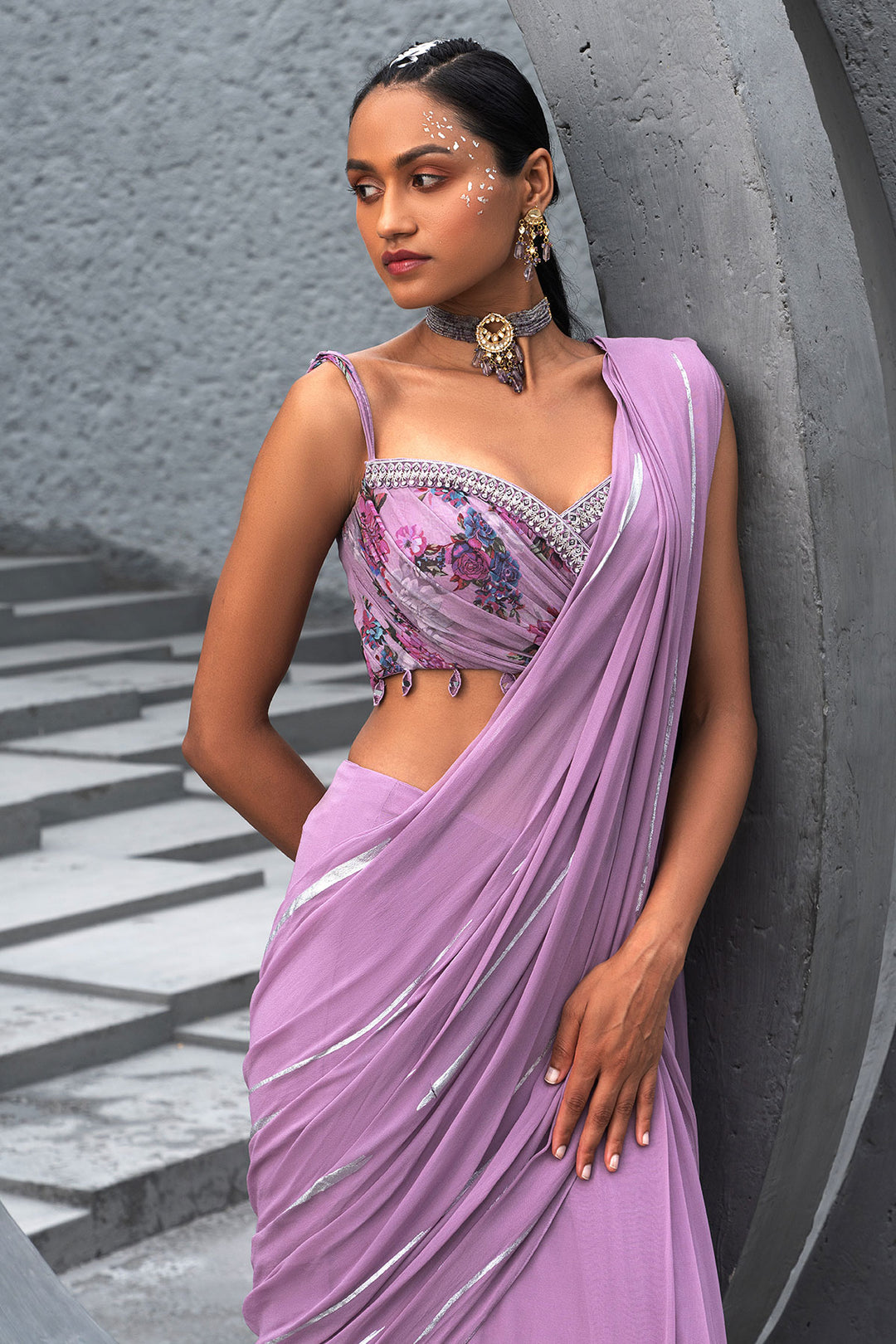 Lavender Foil Print Saree And Printed Blouse