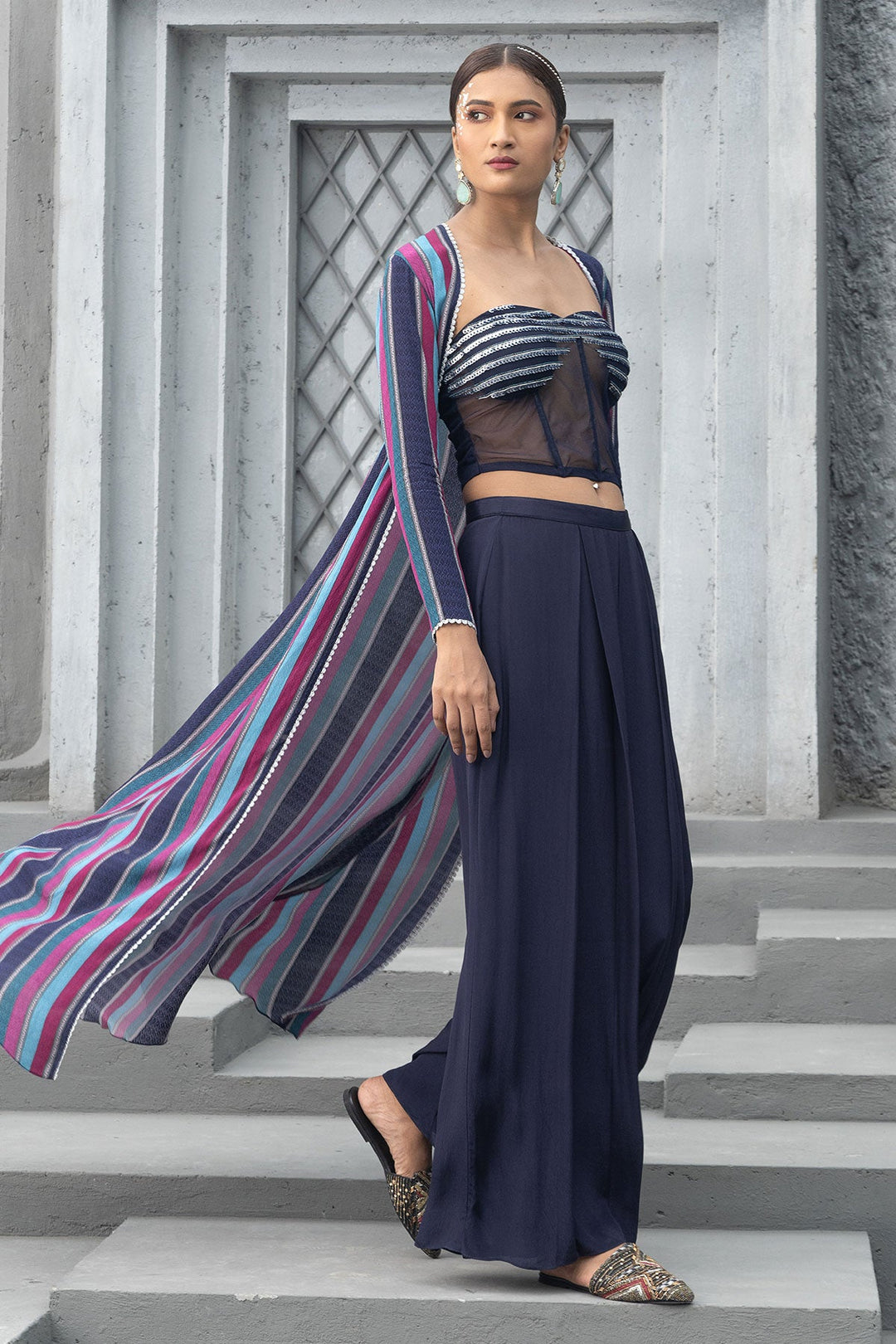 Navy Blue Printed Cape With Corset And Pants