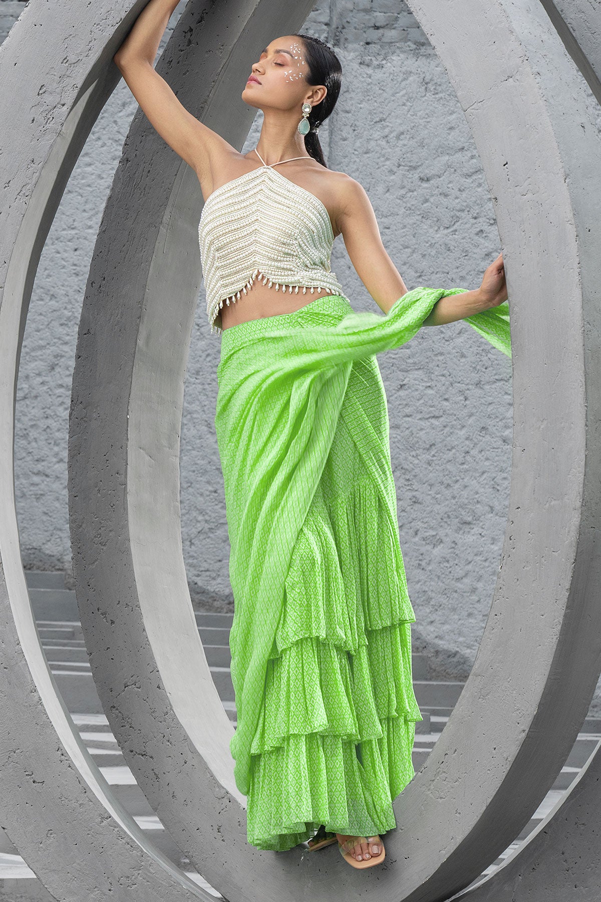 Lime Green Printed Pre-stitched Saree And Blouse
