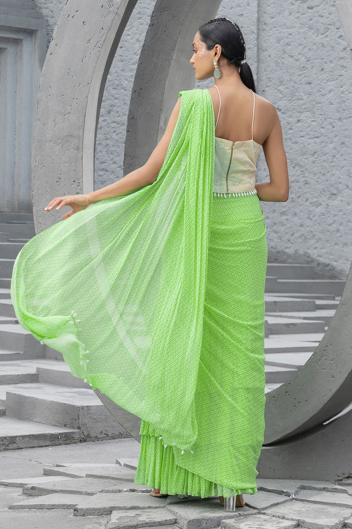 Lime Green Printed Pre-stitched Saree And Blouse