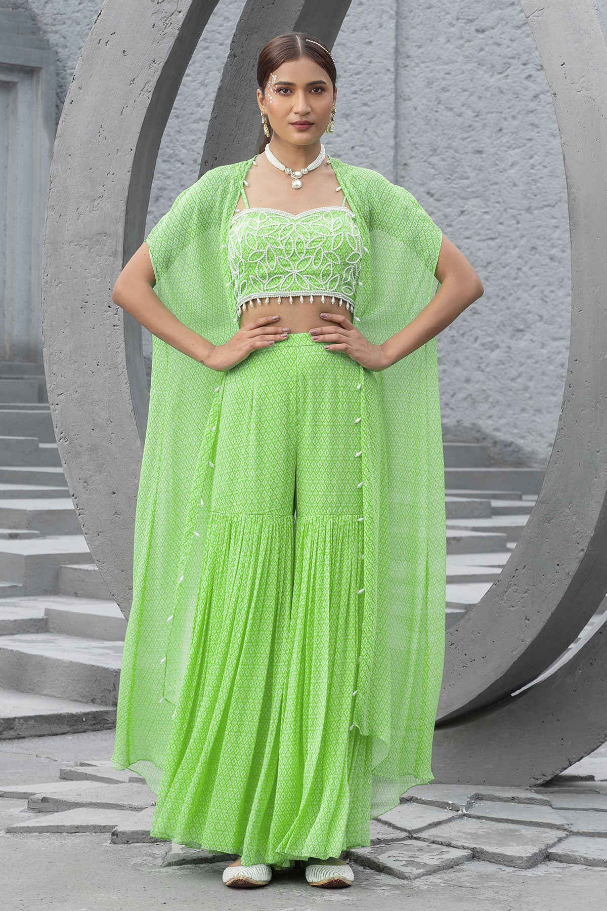 Lime Green Printed Sharara With Cape And Inner- RTS