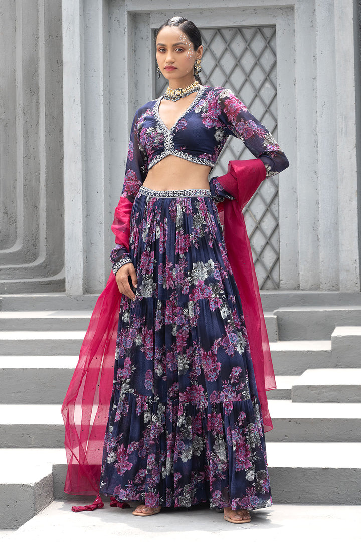 Navy Blue Printed Lehenga Set