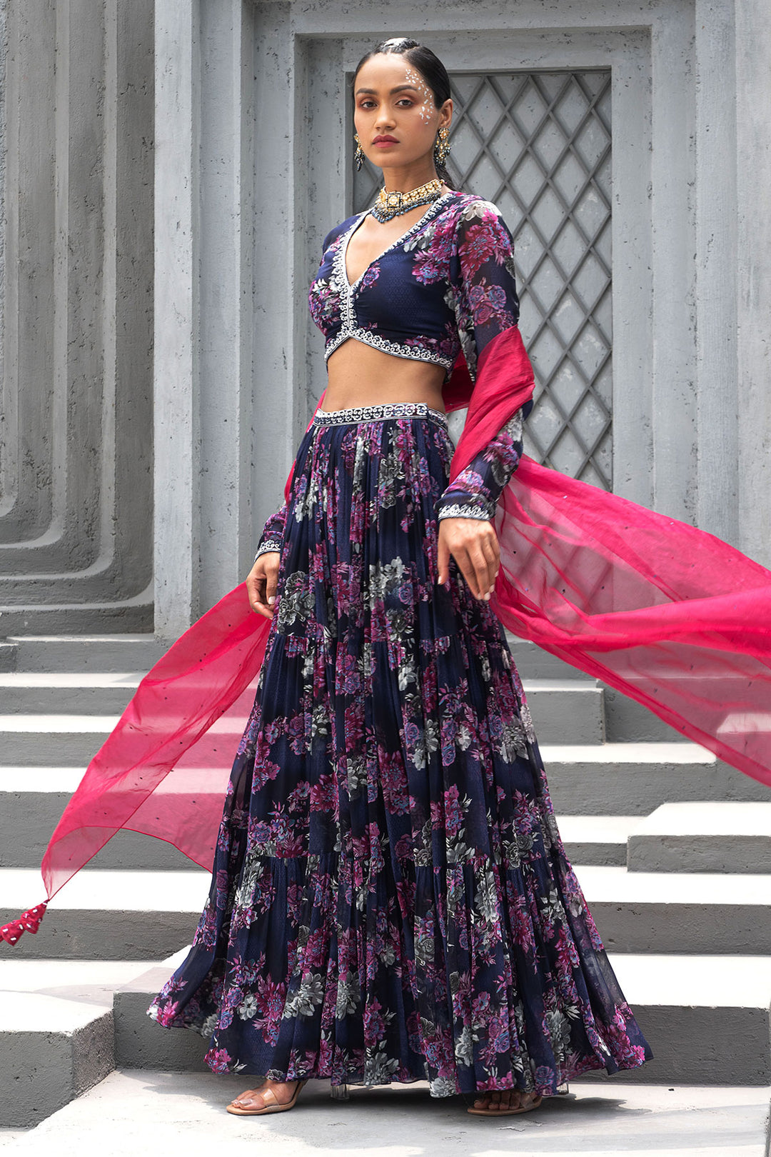 Navy Blue Printed Lehenga Set