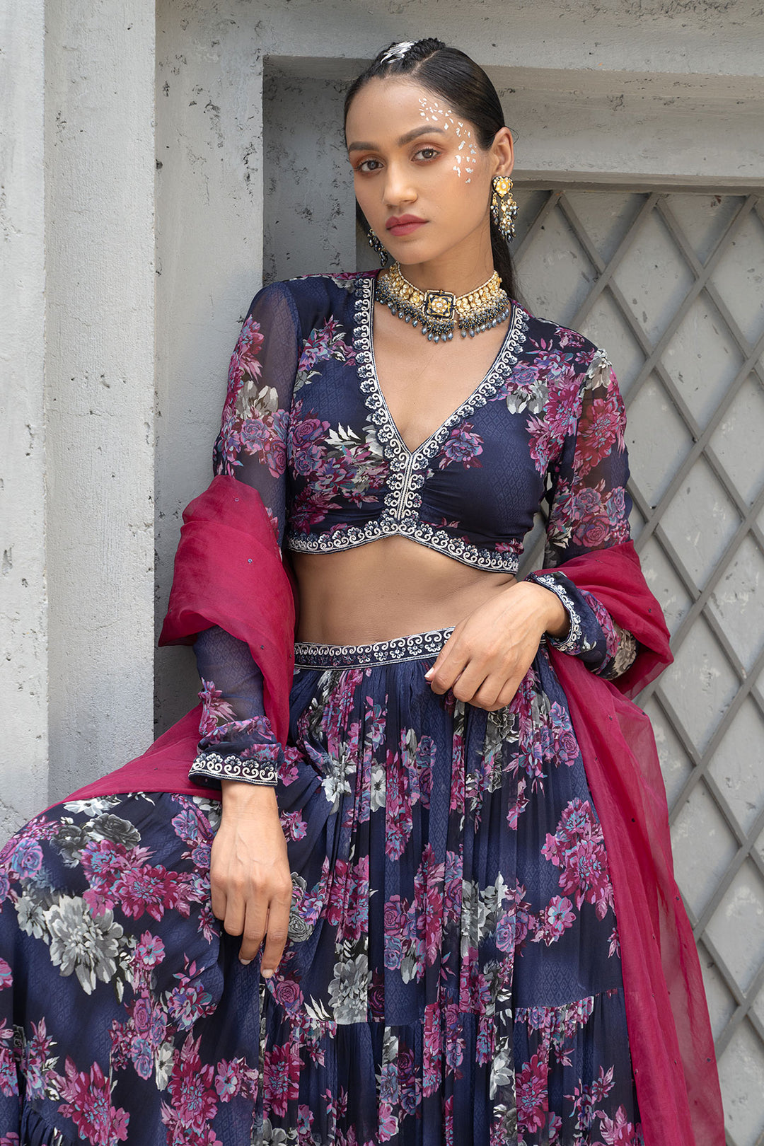 Navy Blue Printed Lehenga Set