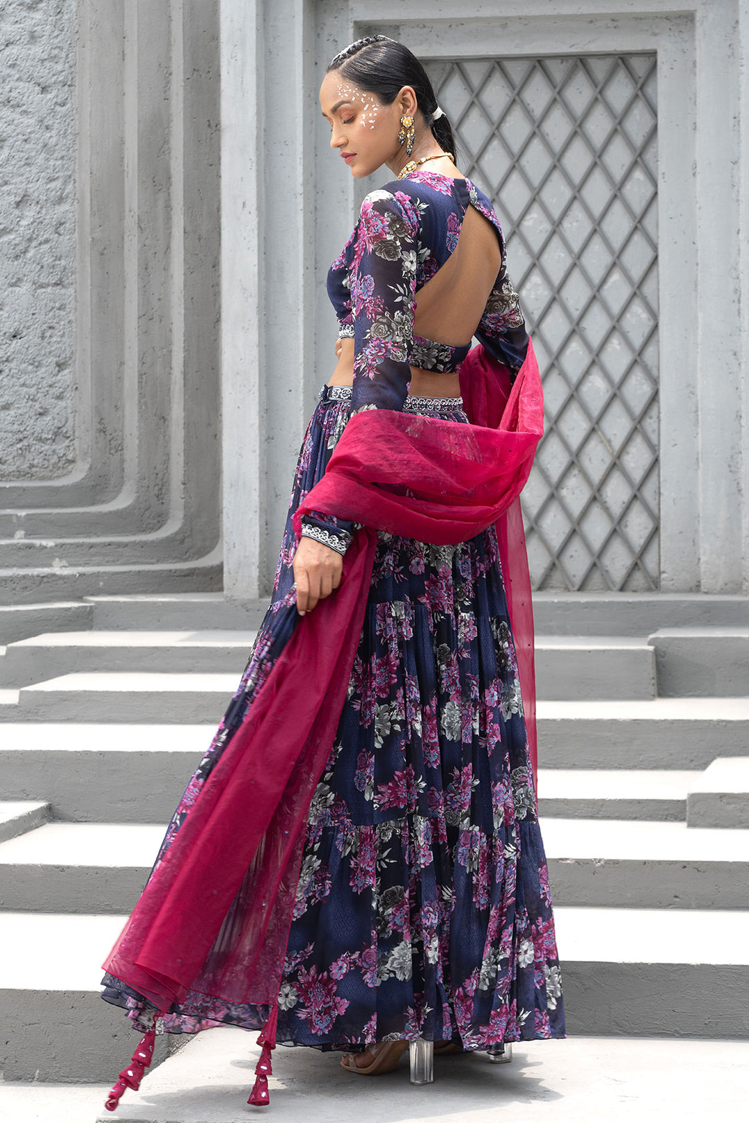 Navy Blue Printed Lehenga Set