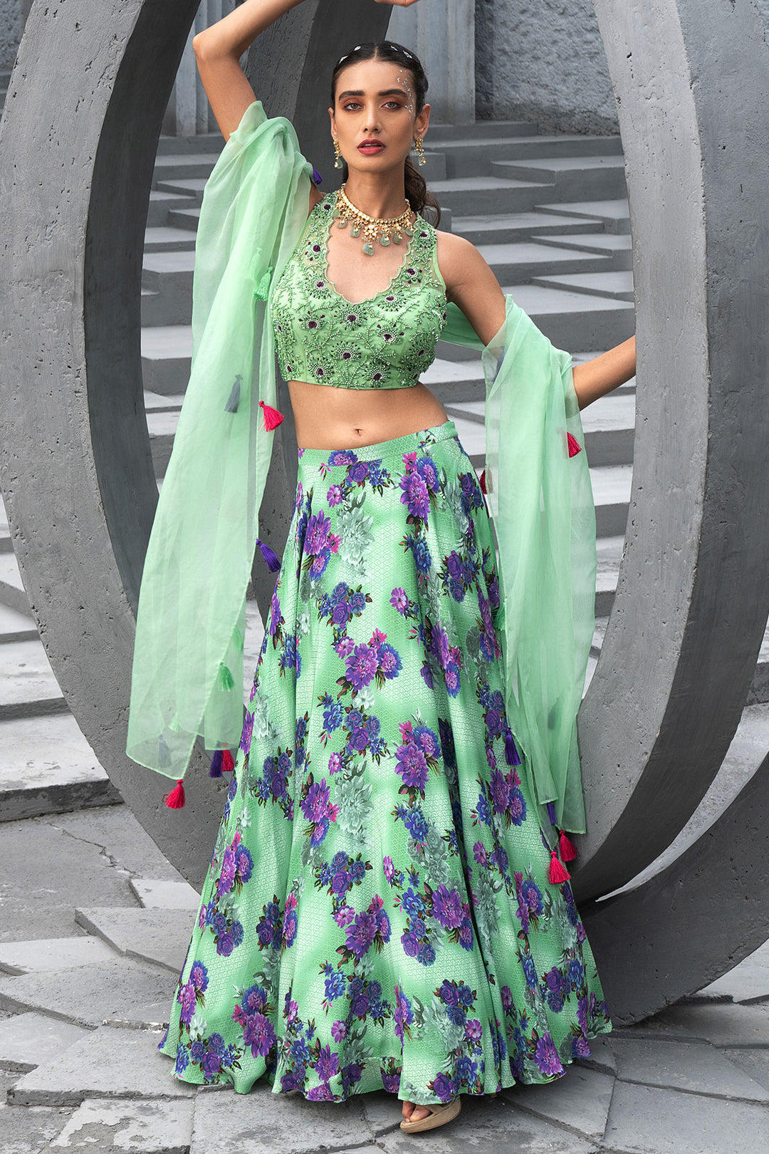 Sea Green Printed Lehenga Set