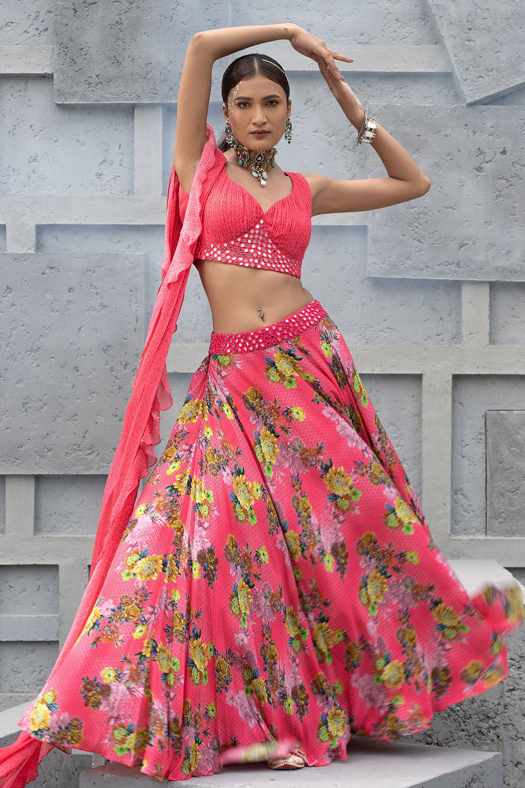 Raspberry Printed Lehenga Set