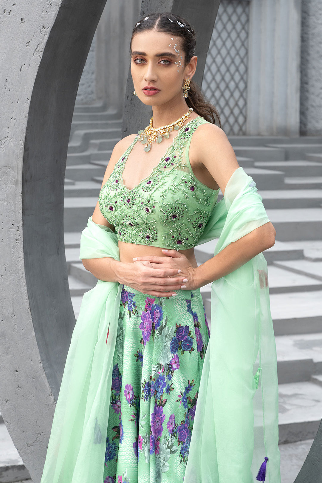 Sea Green Printed Lehenga Set