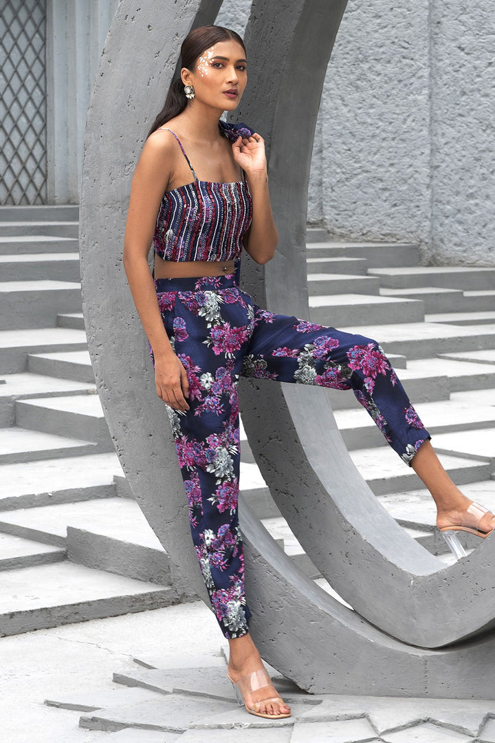 Navy Blue Printed Pant Suit