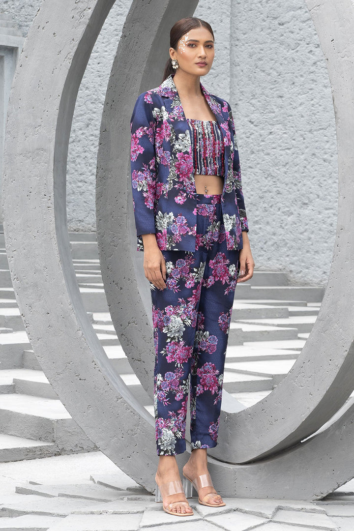 Navy Blue Printed Pant Suit