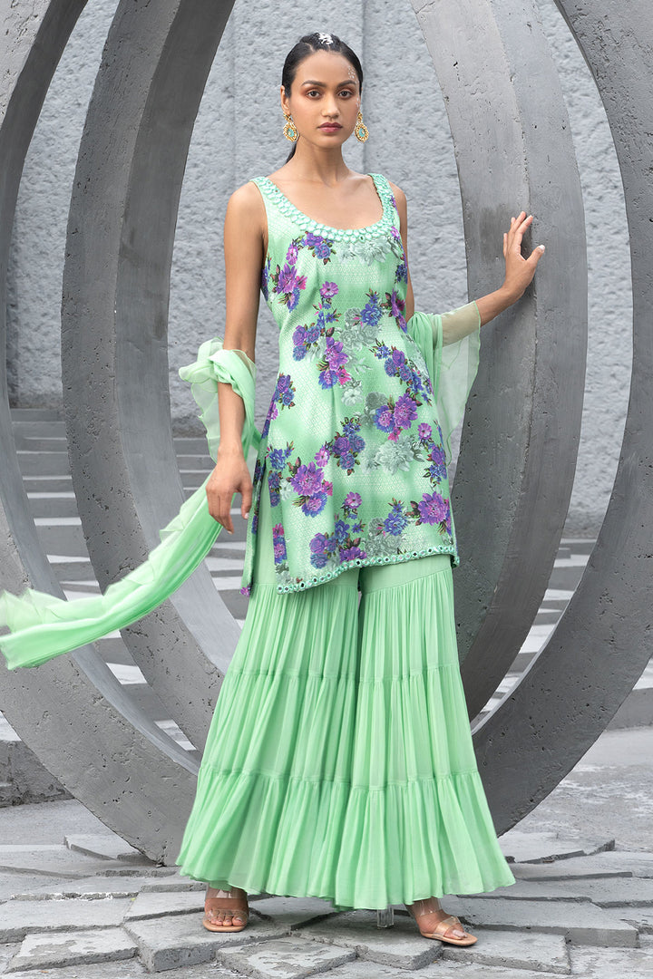 Sea Green Printed Kurta With Sharara