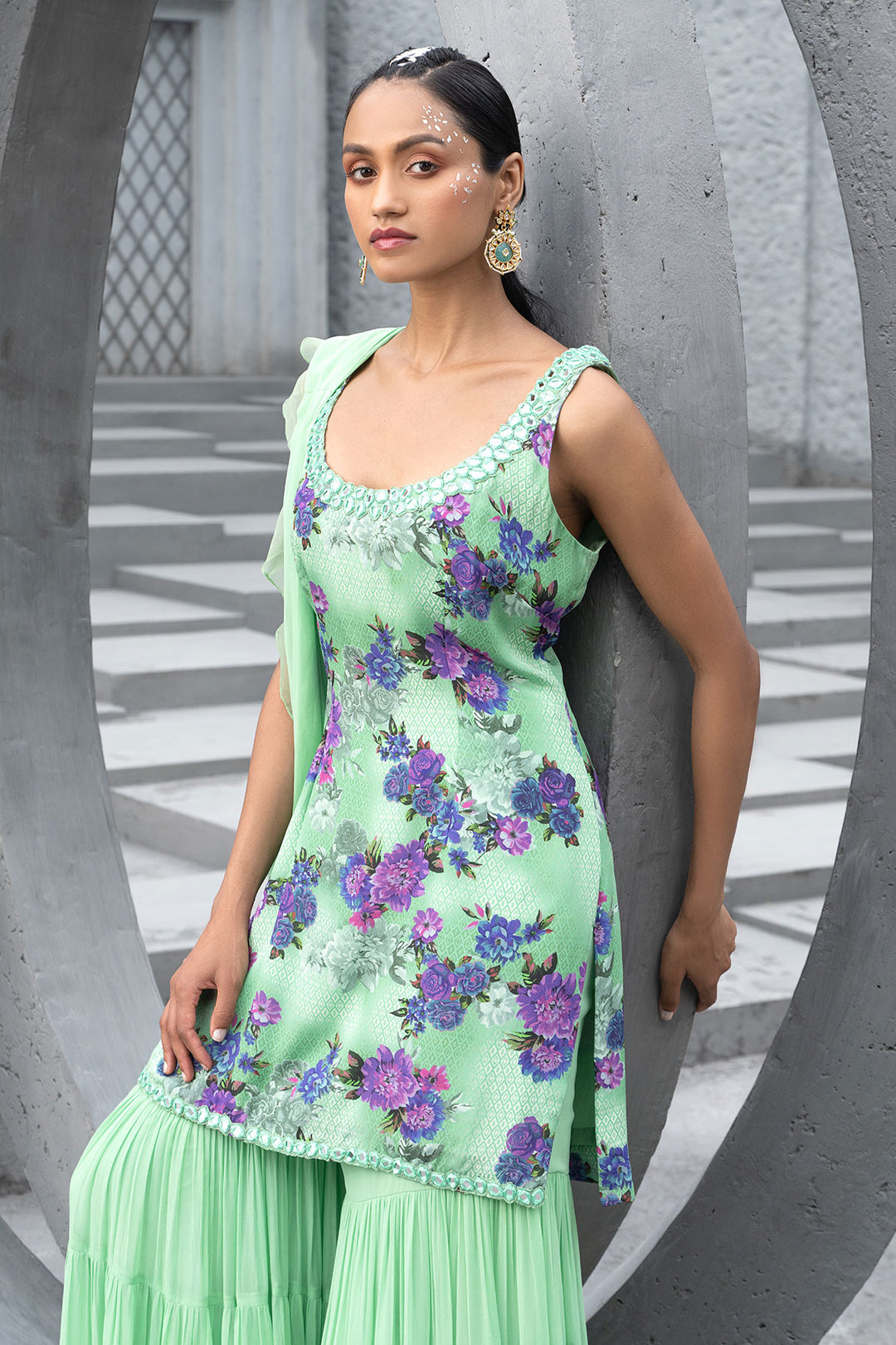 Sea Green Printed Kurta With Sharara