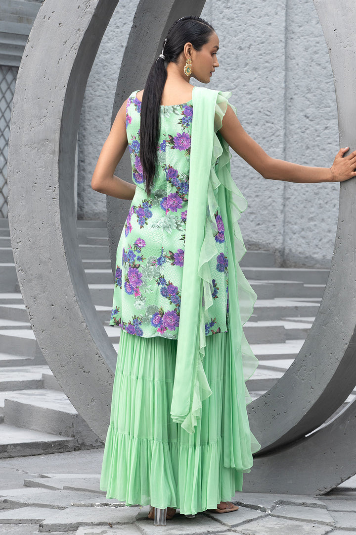 Sea Green Printed Kurta With Sharara