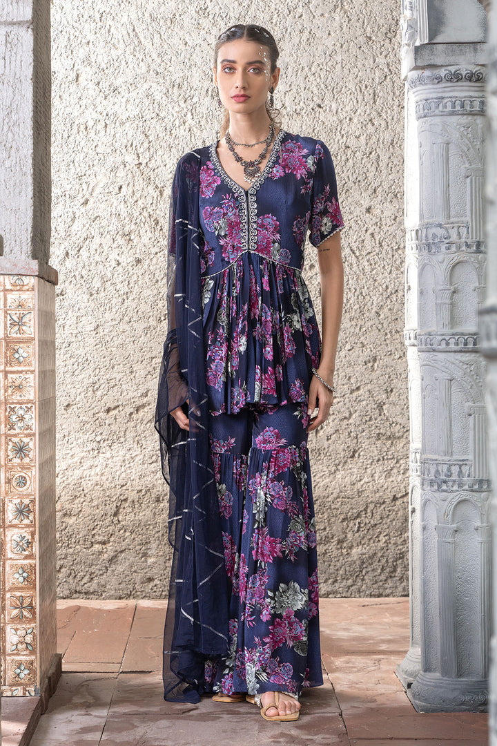 Navy Blue Printed Sharara Set