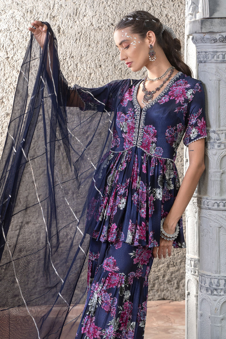 Navy Blue Printed Sharara Set