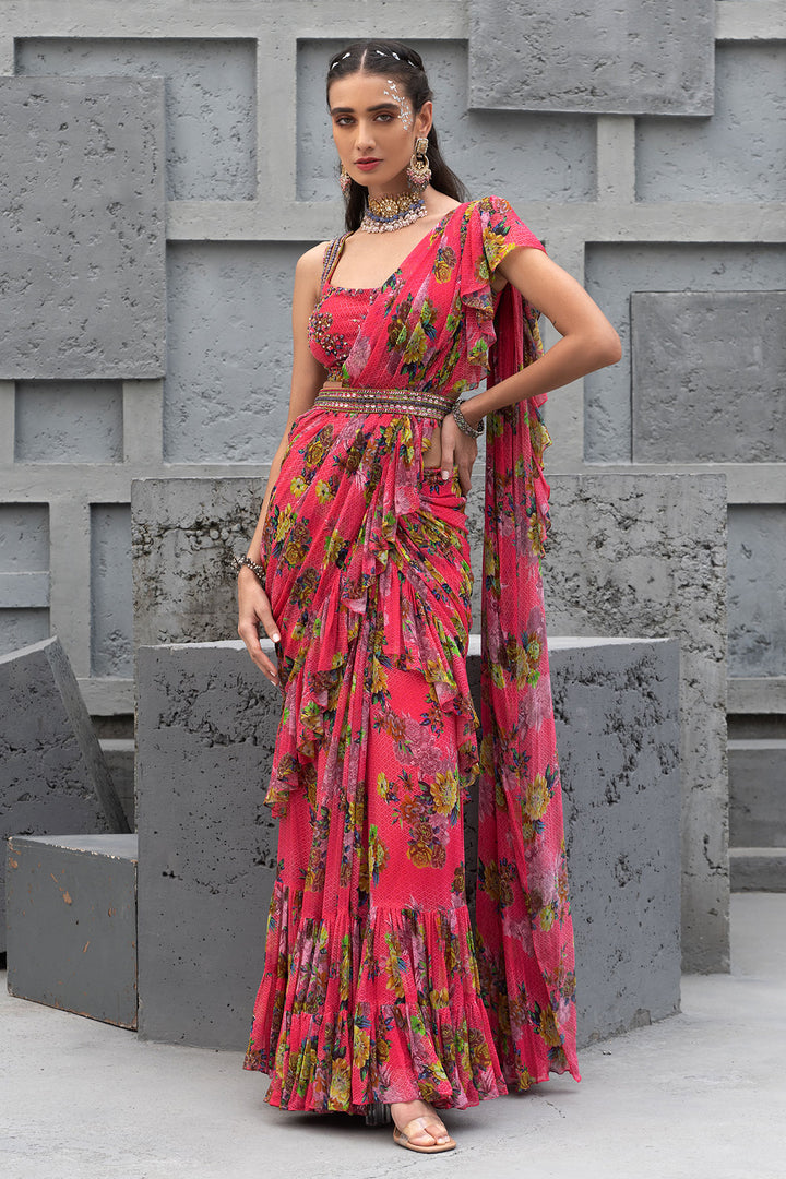 Raspberry Printed Saree With Blouse