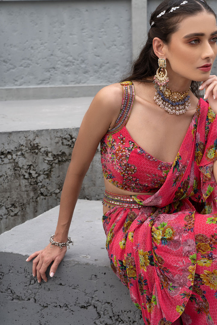 Raspberry Printed Saree With Blouse