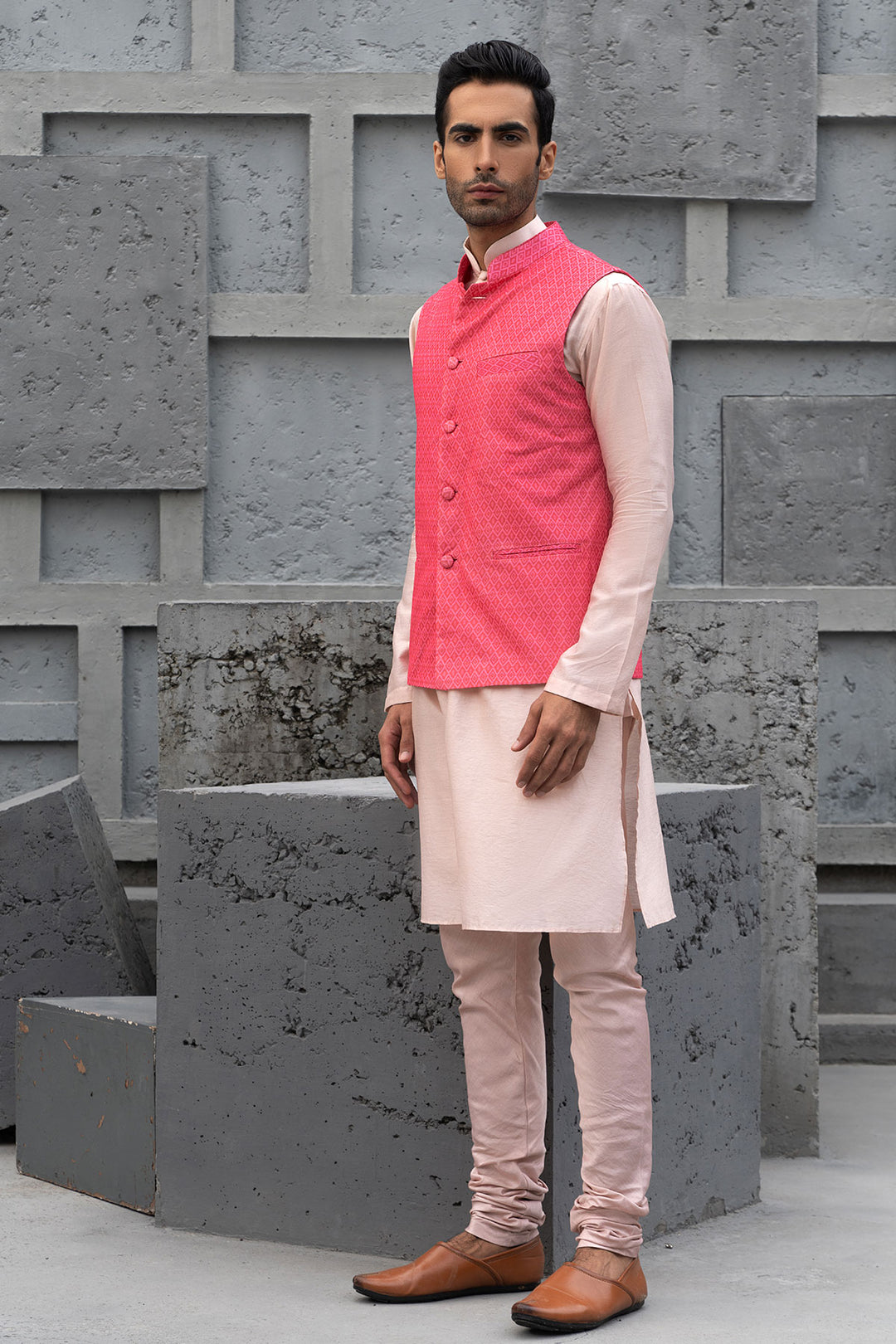 Coffee Kurta With Pink Bundi