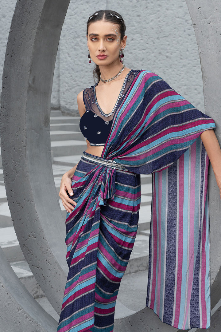 Navy Blue Embroidered Blouse With Draped Saree Skirt