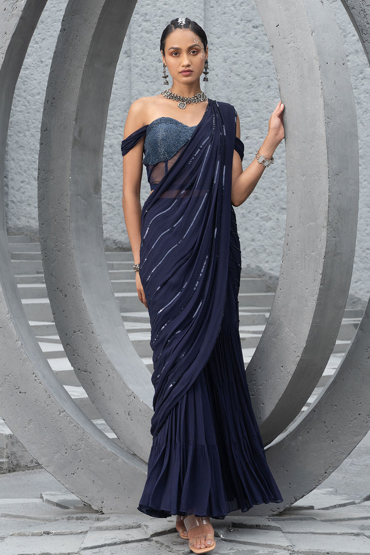 Navy Blue Sharara Saree With Corset