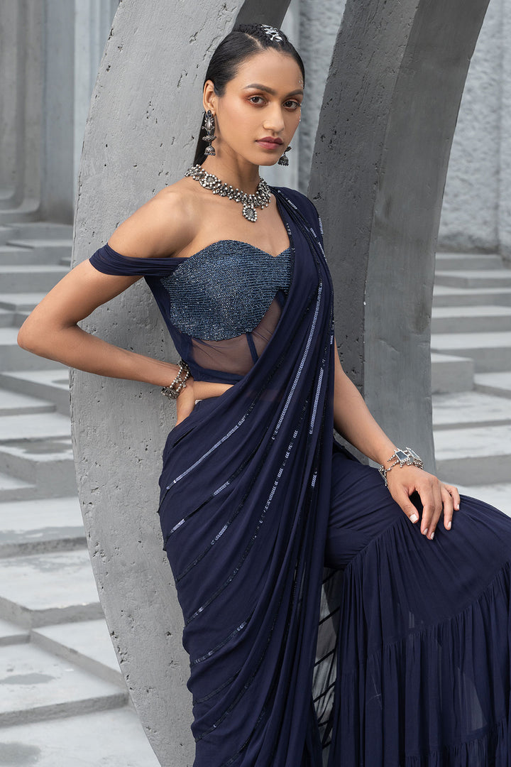 Navy Blue Sharara Saree With Corset