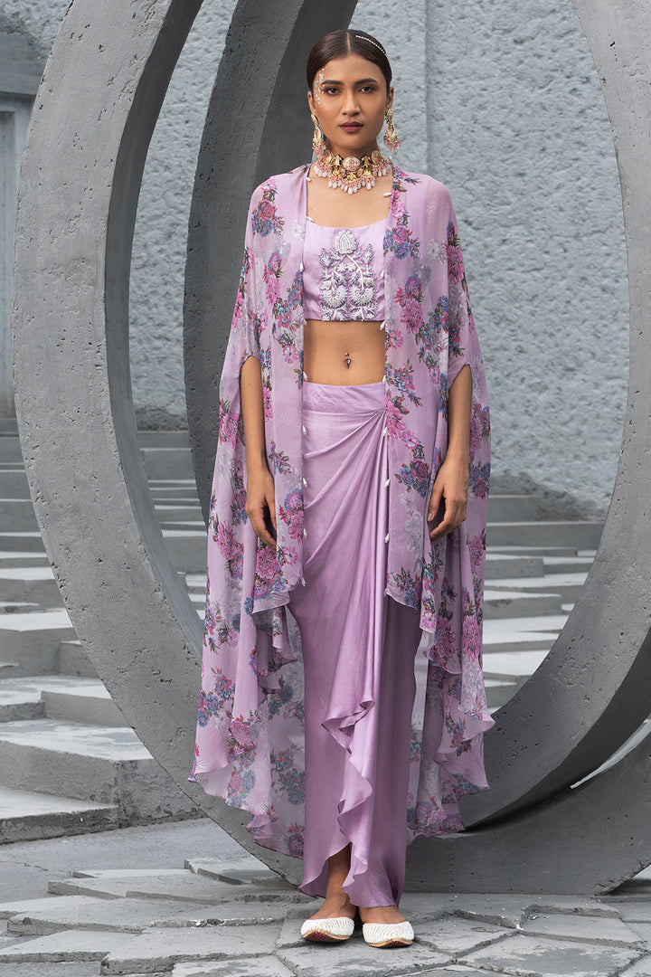 Lavender Printed Cape With Draped Skirt And Embroidered Inner