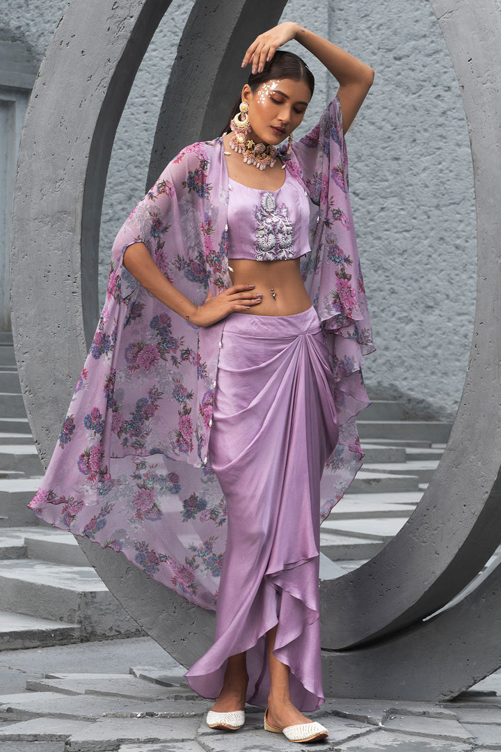 Lavender Printed Cape With Draped Skirt And Embroidered Inner