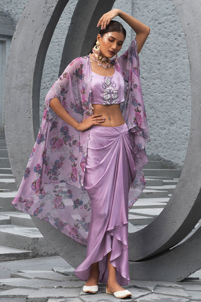 Lavender Printed Cape With Draped Skirt And Embroidered Inner-RTS