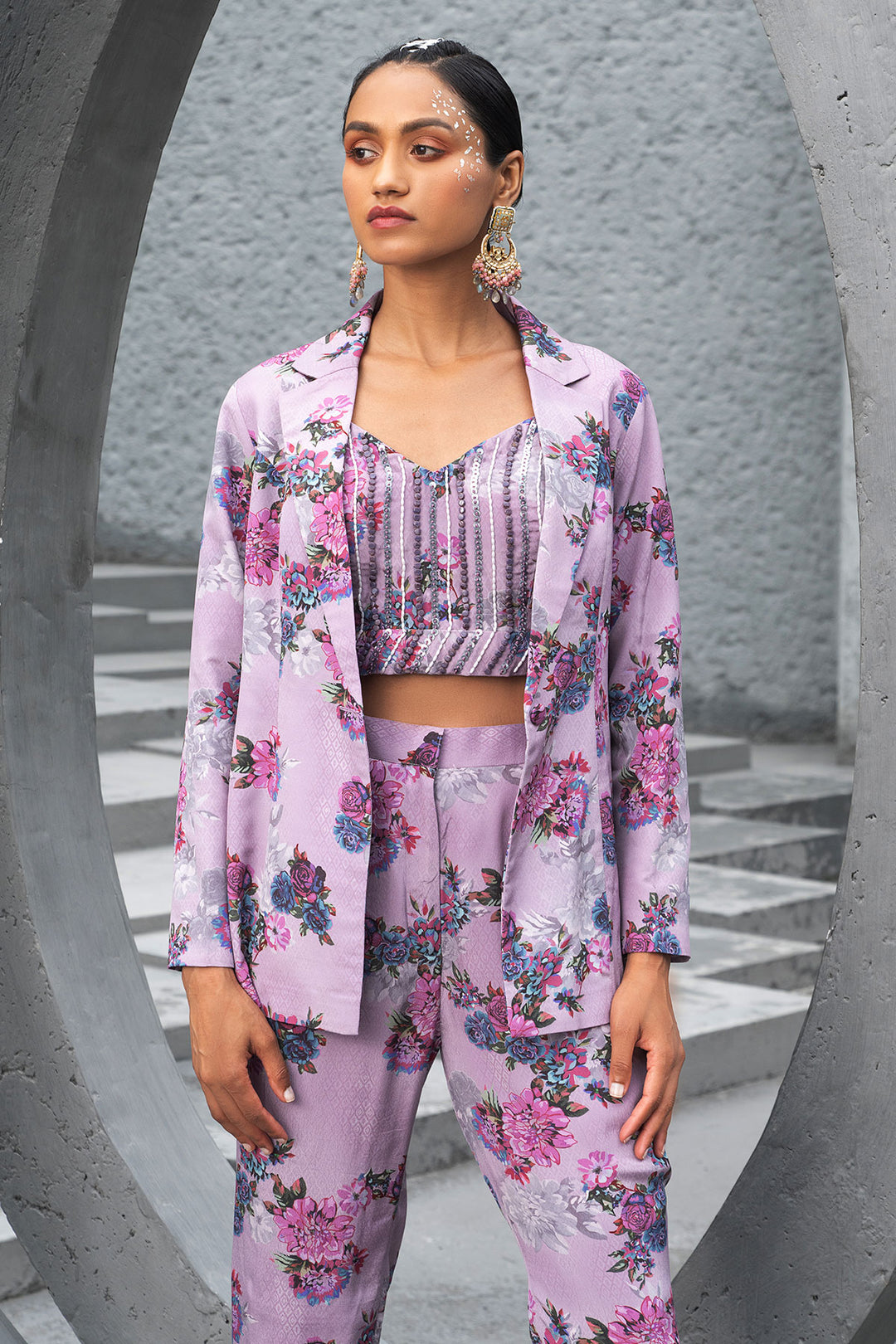 Lavender Printed Pant Suit Set