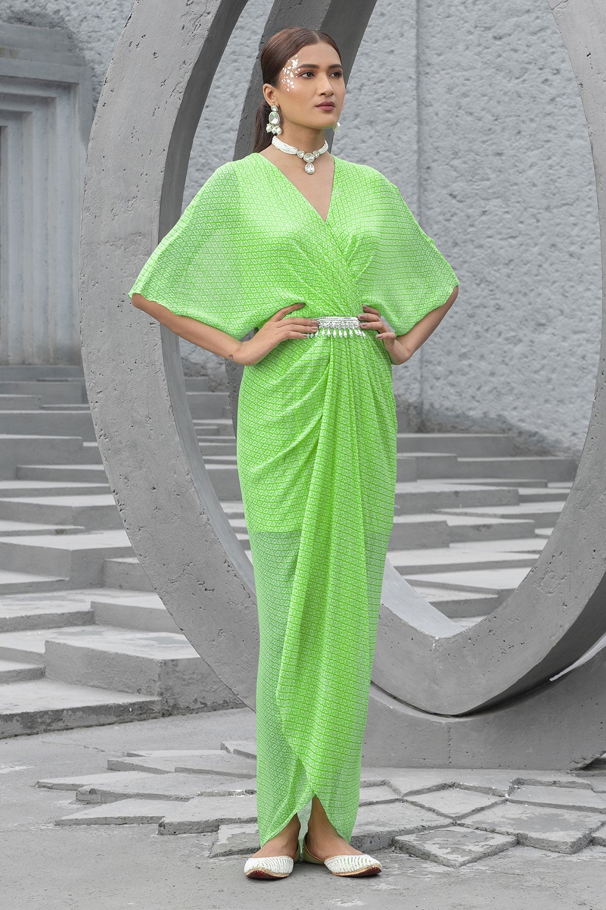 Lime Green Printed Dress  - RTS